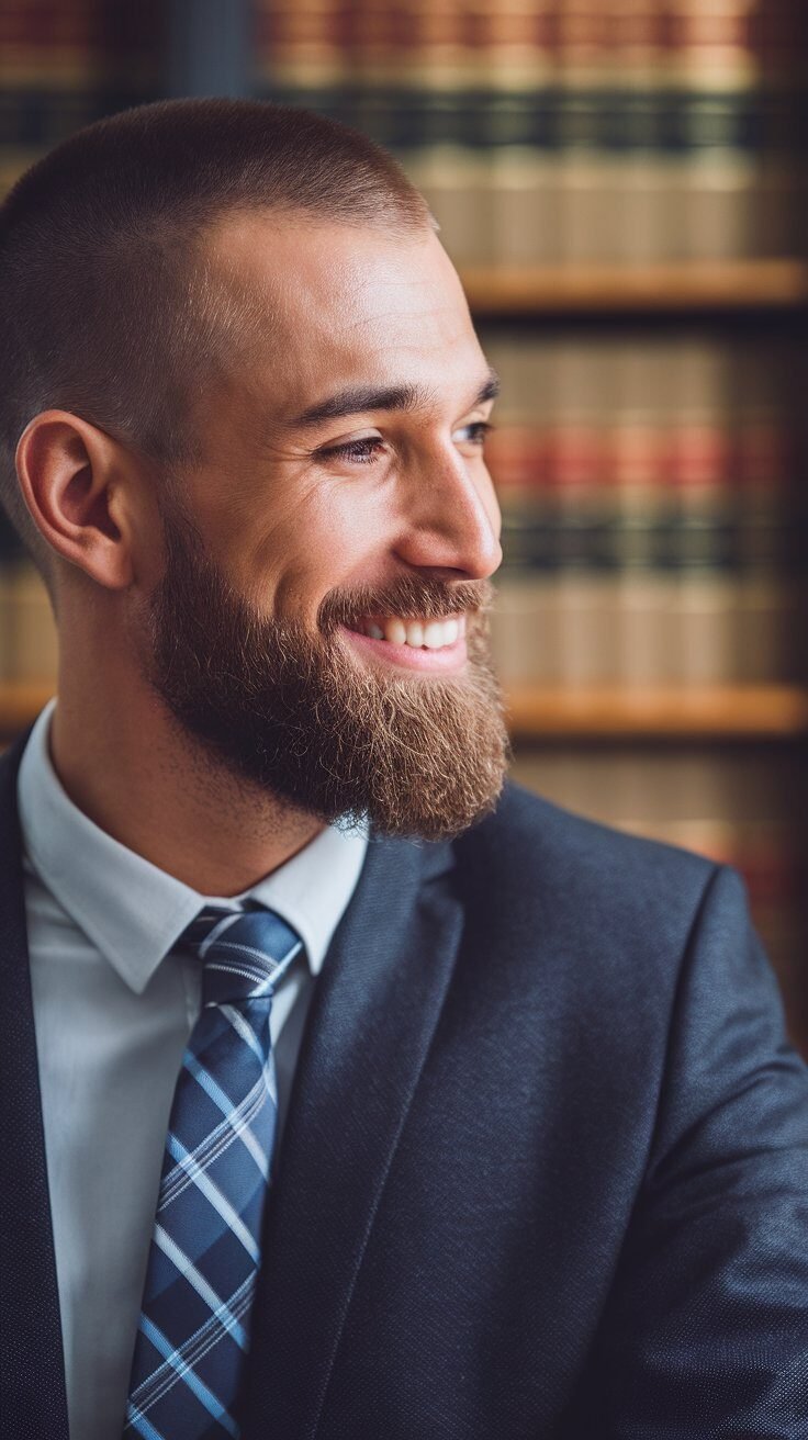 A photo of a bearded attorney with a trustworthy smile. He is wearing a suit and tie. He is looking to the left. The background is blurred and contains a bookshelf with law books.